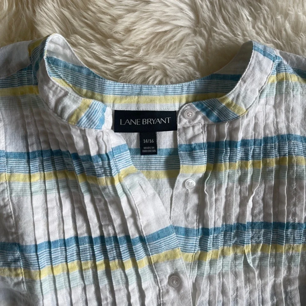 Lane Bryant Stripe Cotton Linen Pleated Top 14/16